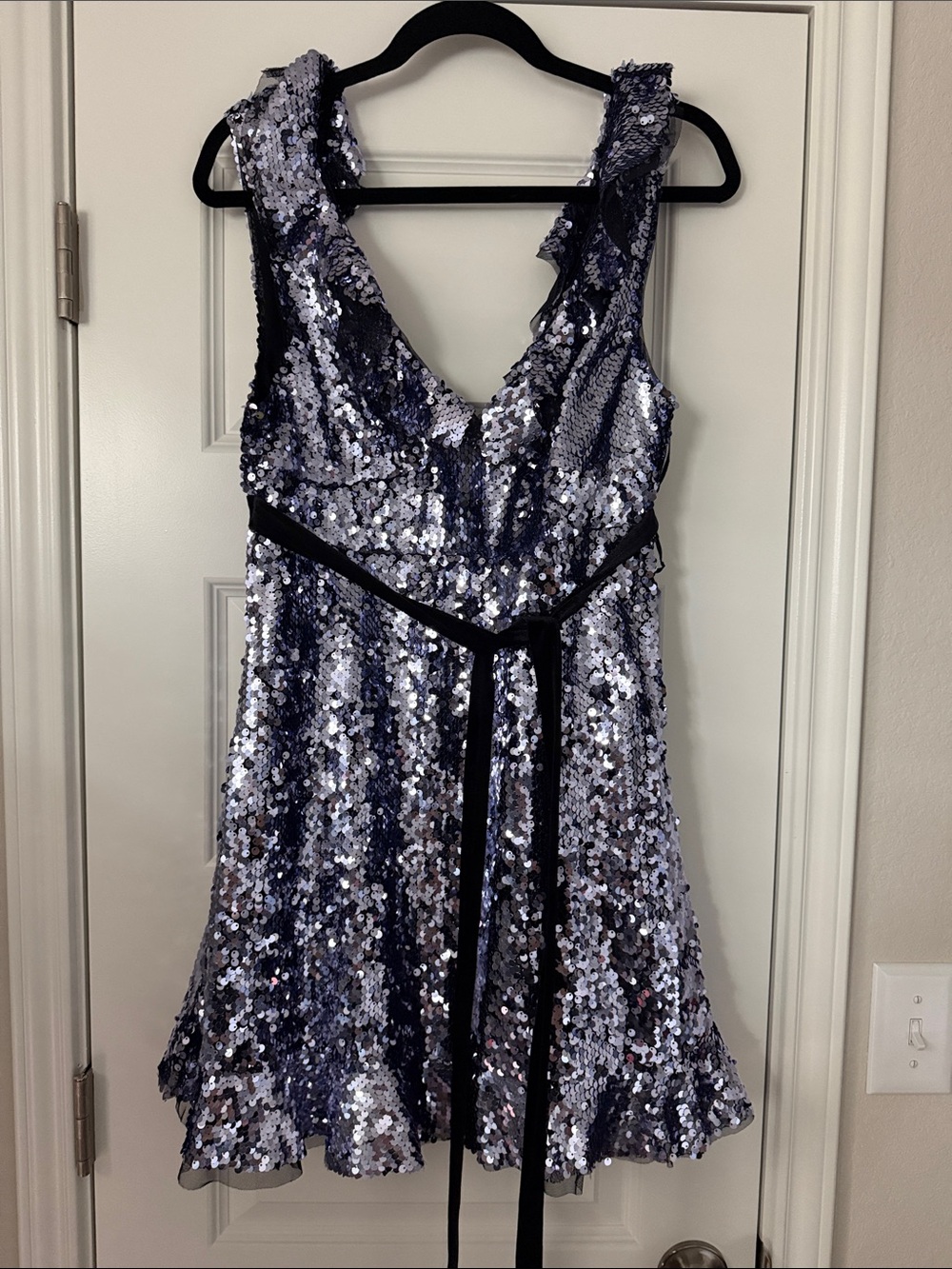 Free People Silver Sequin V-Neck Mini Dress with Black Waistband
